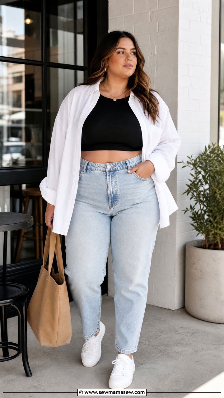 Plus Size Crop Top With Oversized Button Down Shirt - 20 plus size casual crop top outfit ideas