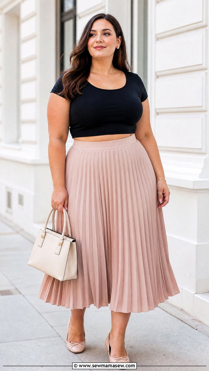 Plus Size Crop Top With Pleated Skirt - 20 plus size flattering crop top outfit ideas
