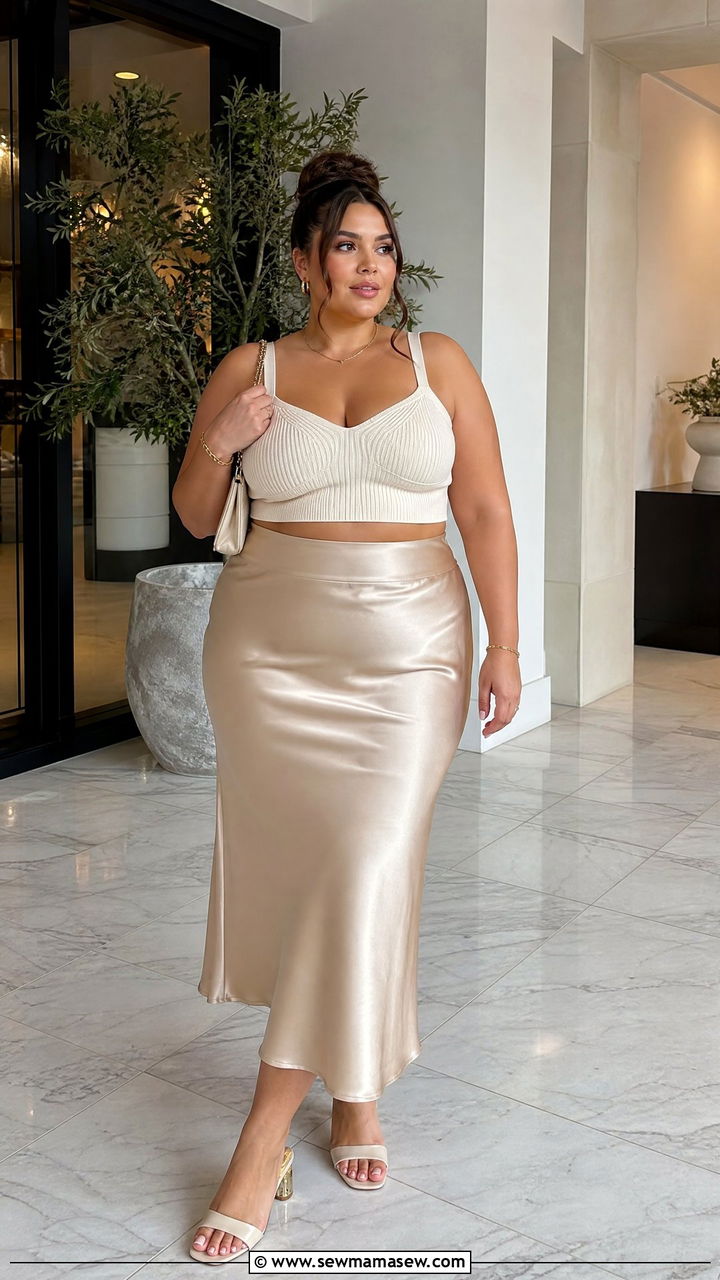 Plus Size Crop Top With Satin Skirt - 20 plus size flattering crop top outfit ideas