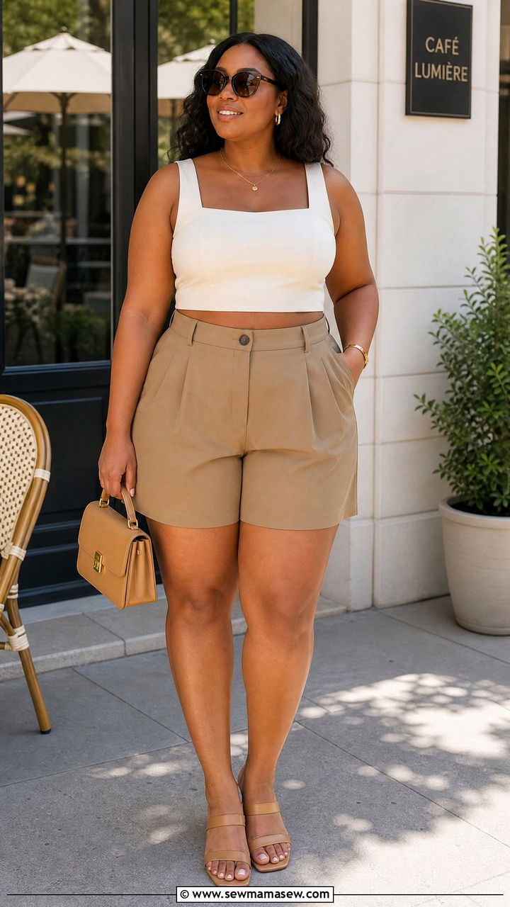 Plus Size Crop Top With Tailored Shorts - 20 summer crop top outfit ideas plus size