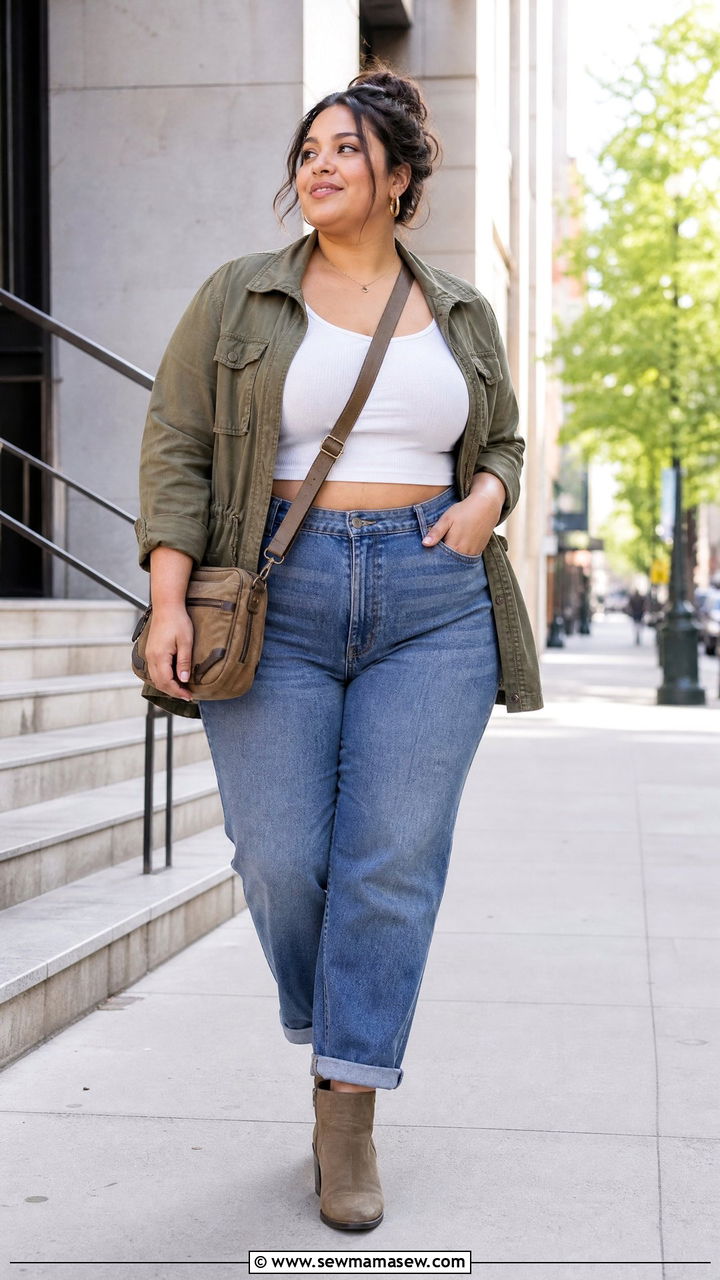 Plus Size Crop Top With Utility Jacket And Jeans - 20 plus size casual crop top outfit ideas