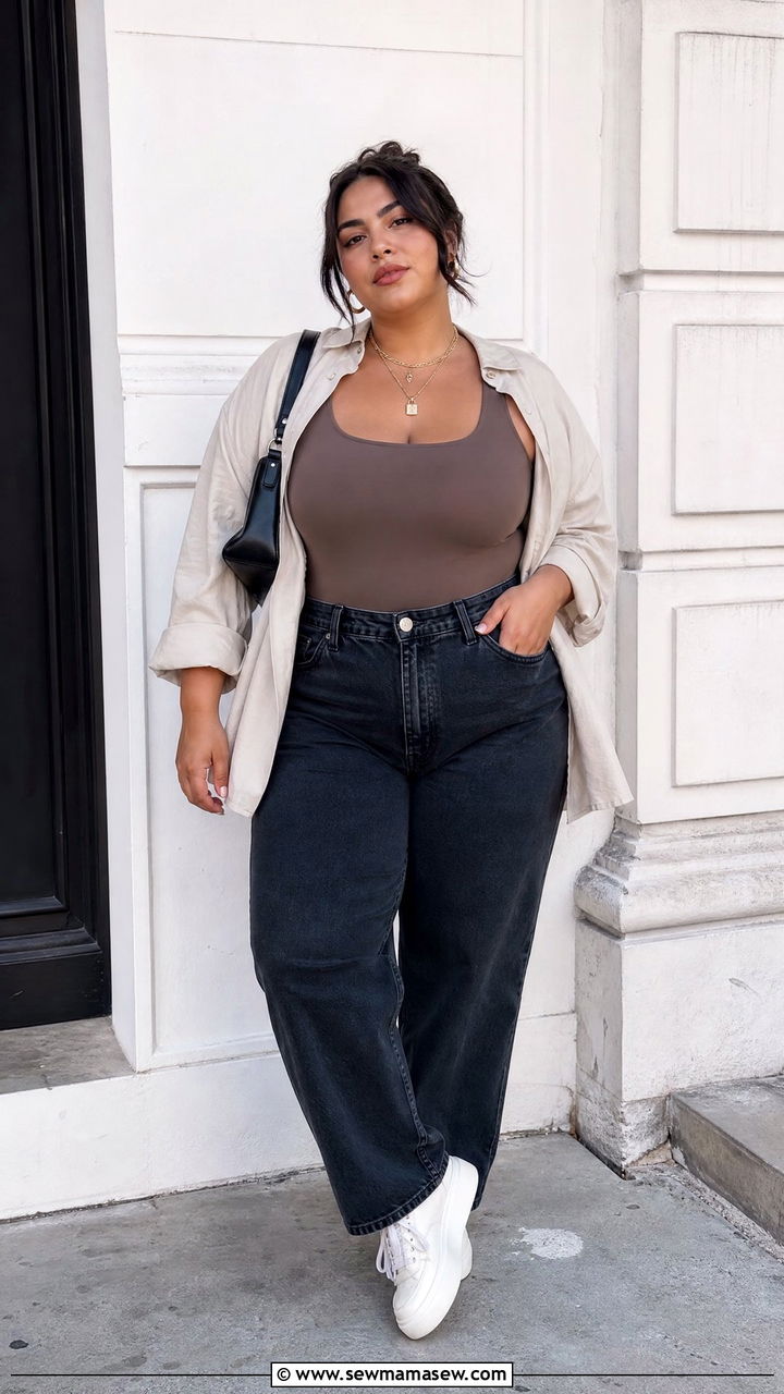 Plus Size Cropped Blazer Top With High Waist Jeans - 20 plus size blazer top outfit ideas