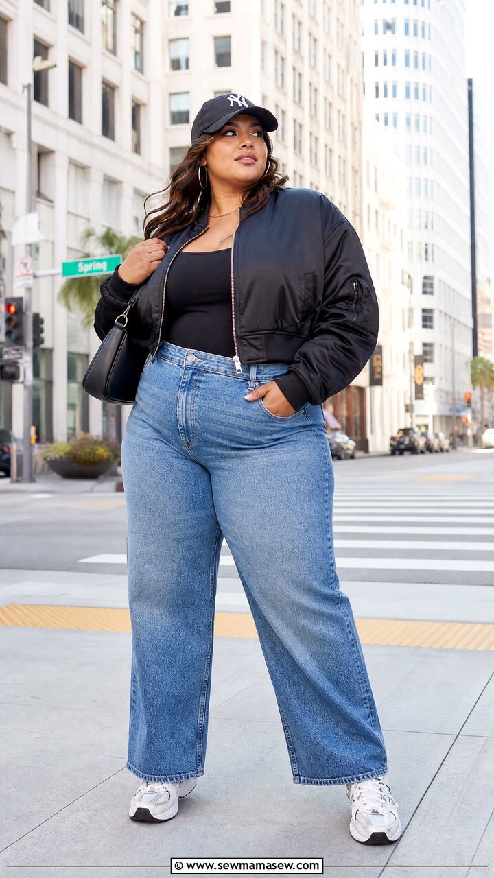Plus Size Cropped Bomber Jacket Outfit - 20 plus size streetwear top outfit ideas