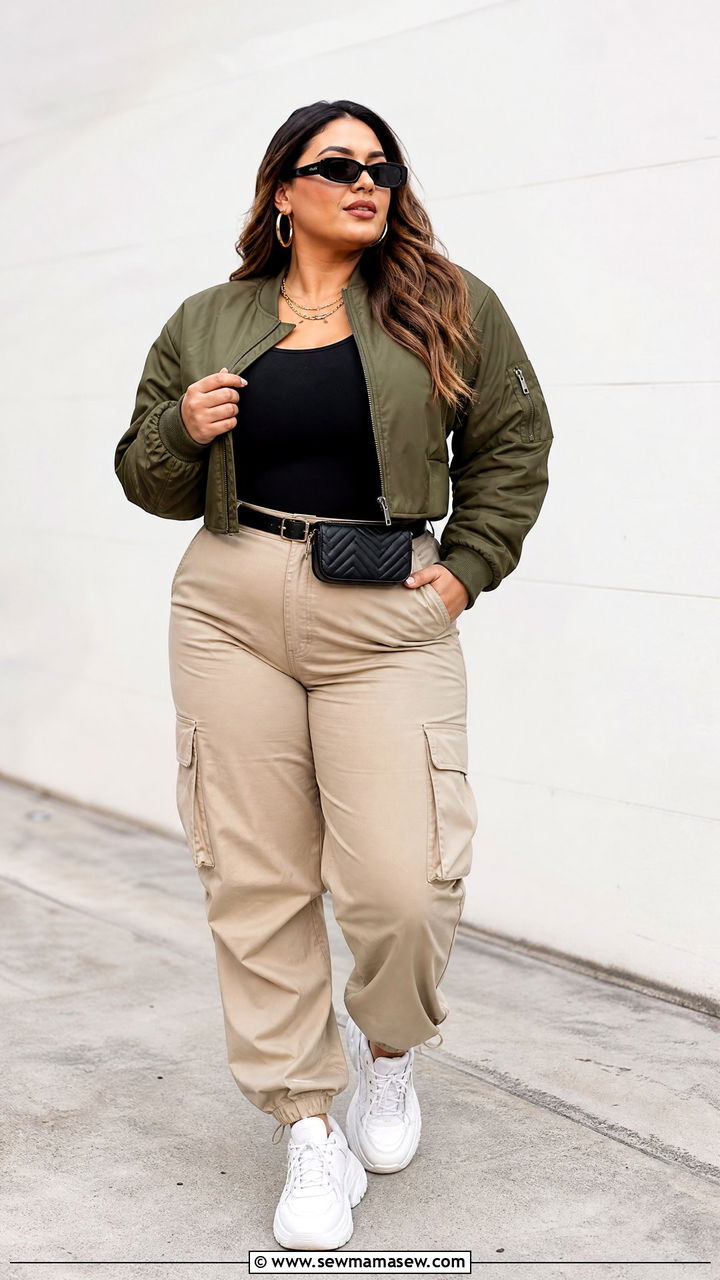 Plus Size Cropped Bomber Jacket With Cargo Pants - 20 plus size cropped jacket outfit ideas