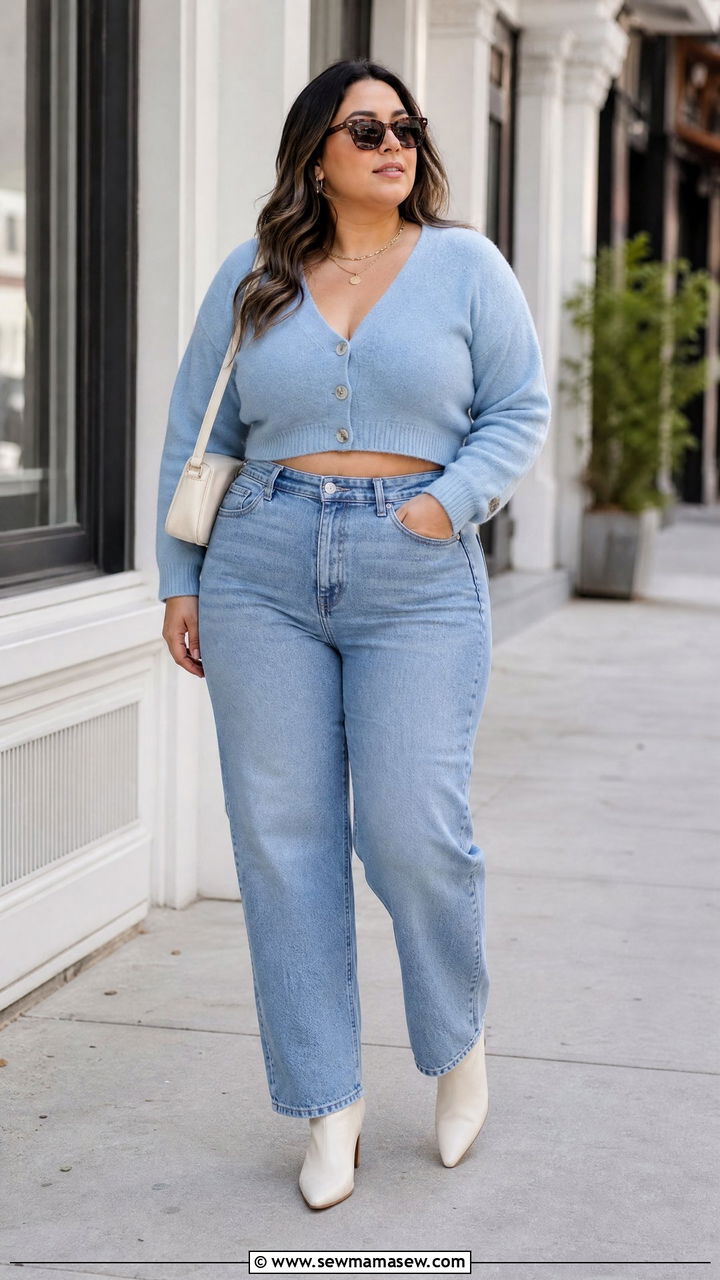 Plus Size Cropped Cardigan With High Waisted Jeans - 20 plus size cardigan outfit ideas