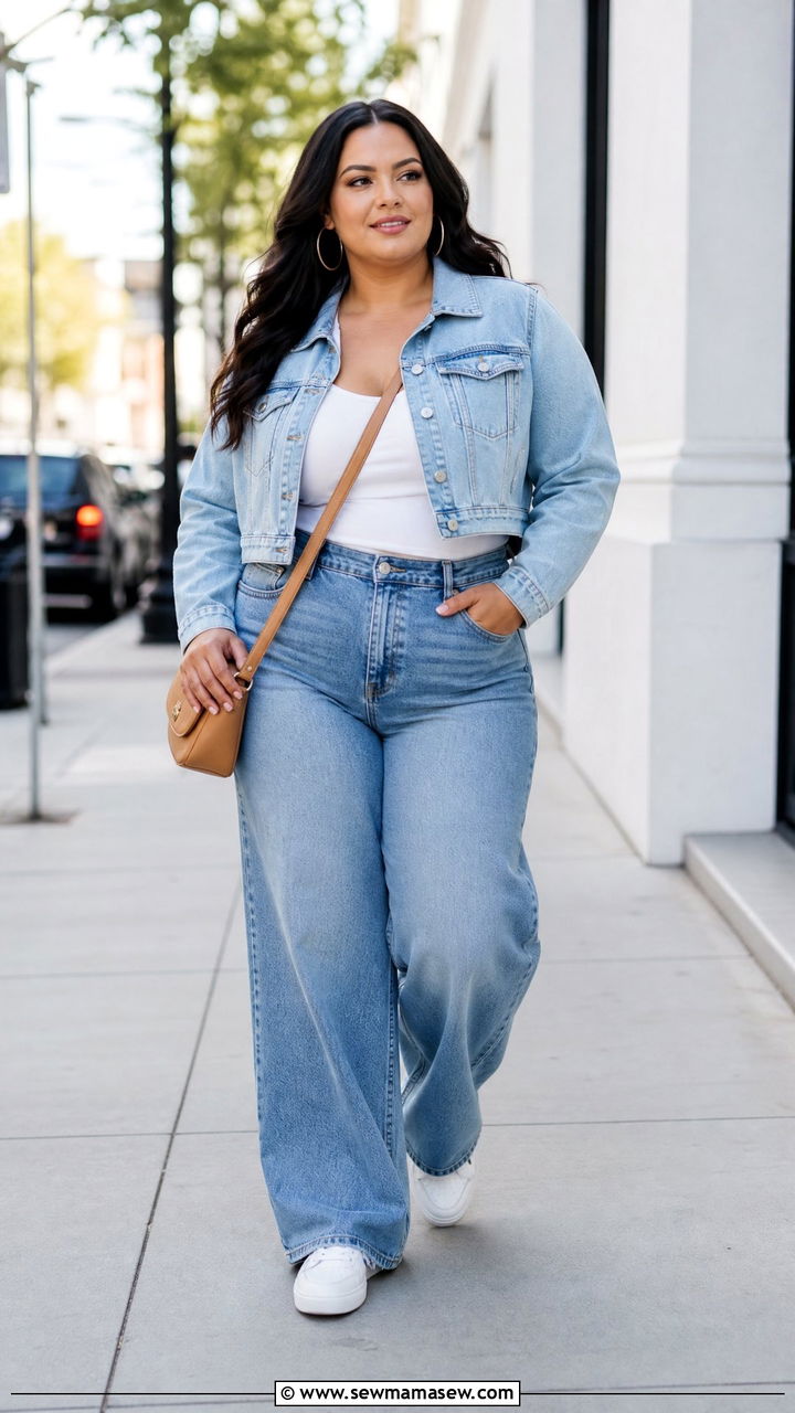 Plus Size Cropped Denim Jacket With Wide Leg Jeans - 20 plus size cropped jacket outfit ideas