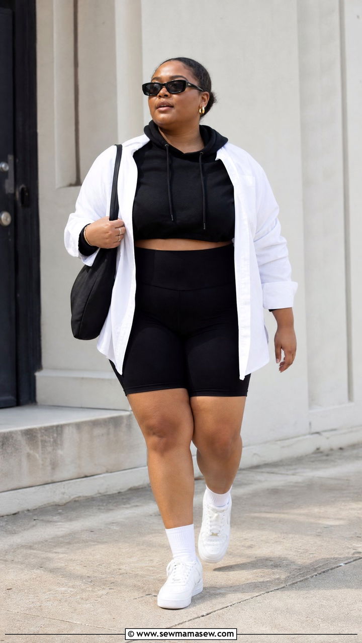 Plus Size Cropped Hoodie With Bike Shorts And Button Down Shirt - 20 plus size cropped hoodie outfit ideas