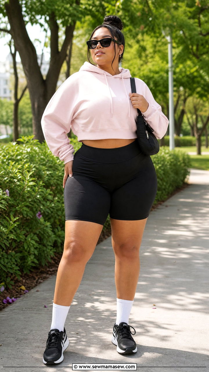 Plus Size Cropped Hoodie With Biker Shorts - 20 plus size cropped hoodie outfit ideas