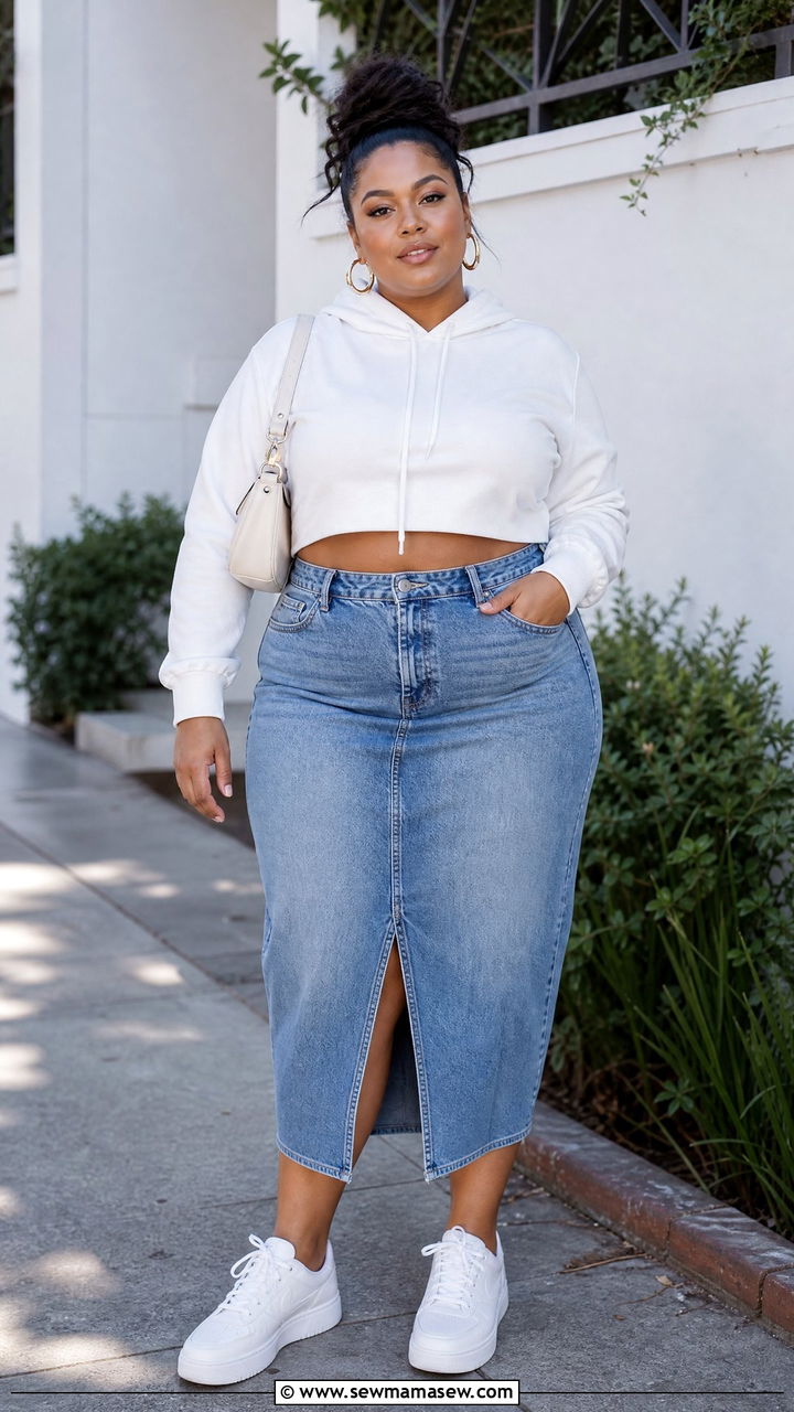 Plus Size Cropped Hoodie With Denim Skirt - 20 plus size cropped hoodie outfit ideas