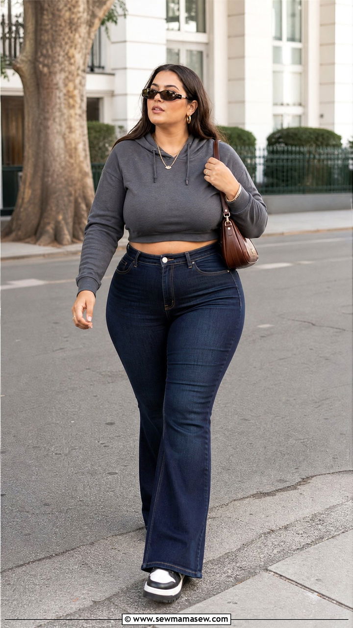 Plus Size Cropped Hoodie With Flare Jeans - 20 plus size cropped hoodie outfit ideas
