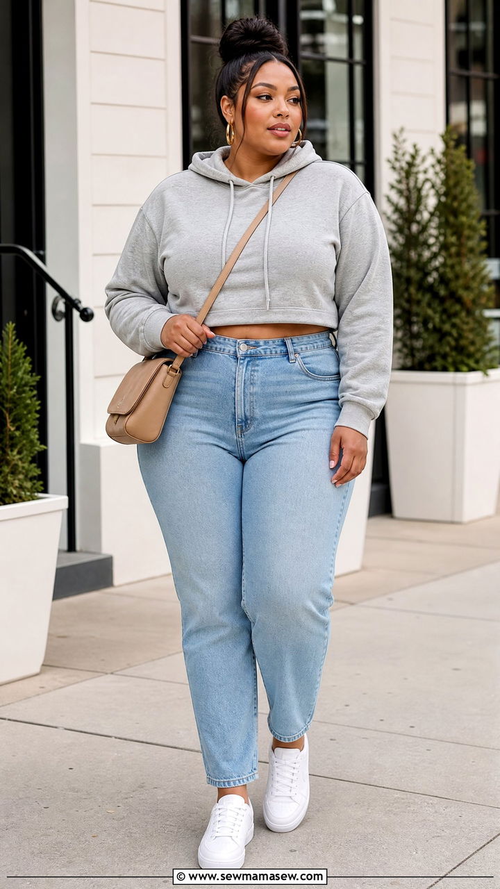 Plus Size Cropped Hoodie With High Waisted Jeans - 20 plus size cropped hoodie outfit ideas