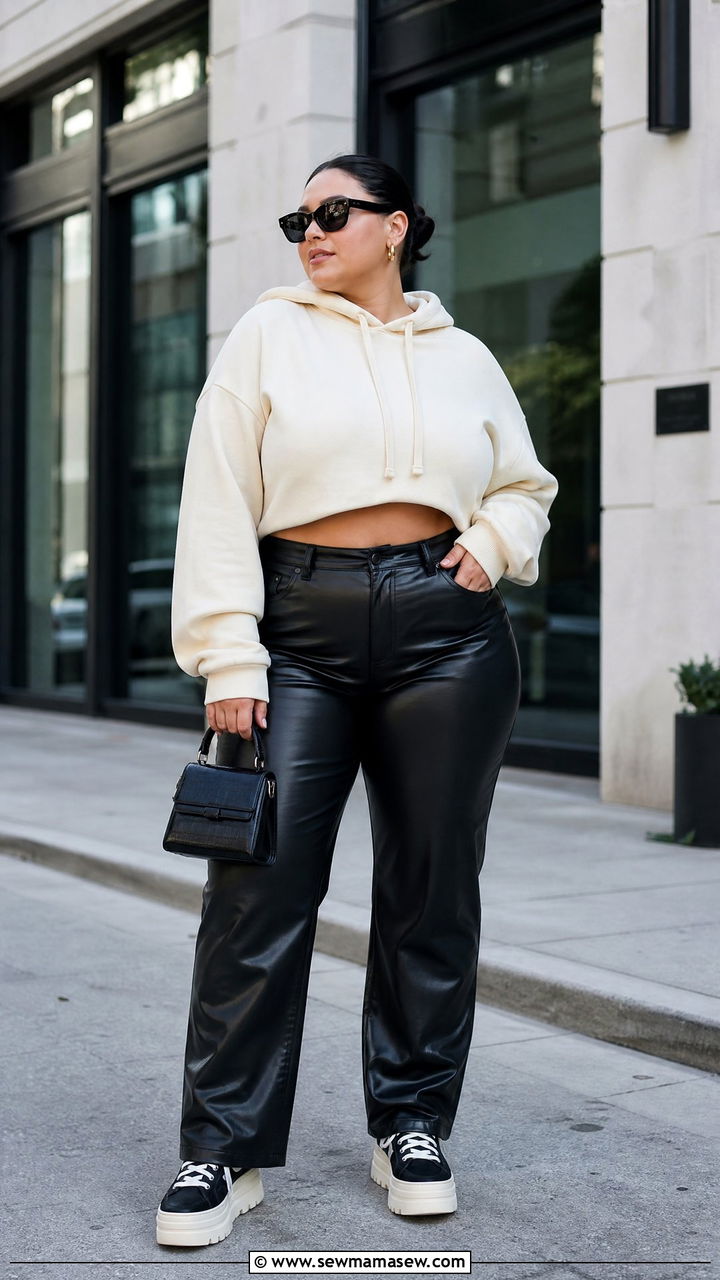 Plus Size Cropped Hoodie With Leather Pants - 20 plus size cropped hoodie outfit ideas