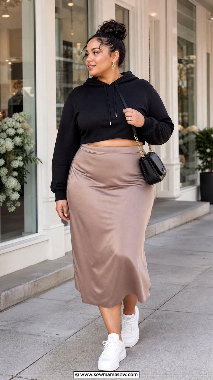 Plus Size Cropped Hoodie With Midi Skirt - 20 plus size cropped hoodie outfit ideas