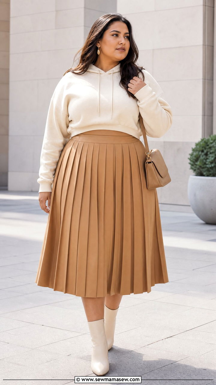 Plus Size Cropped Hoodie With Pleated Skirt - 20 plus size cropped hoodie outfit ideas