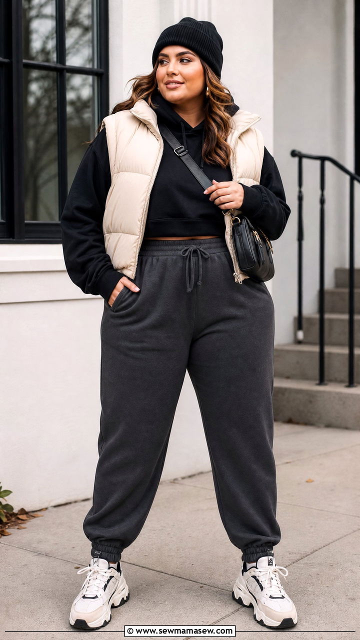 Plus Size Cropped Hoodie With Puffer Vest - 20 plus size cropped hoodie outfit ideas