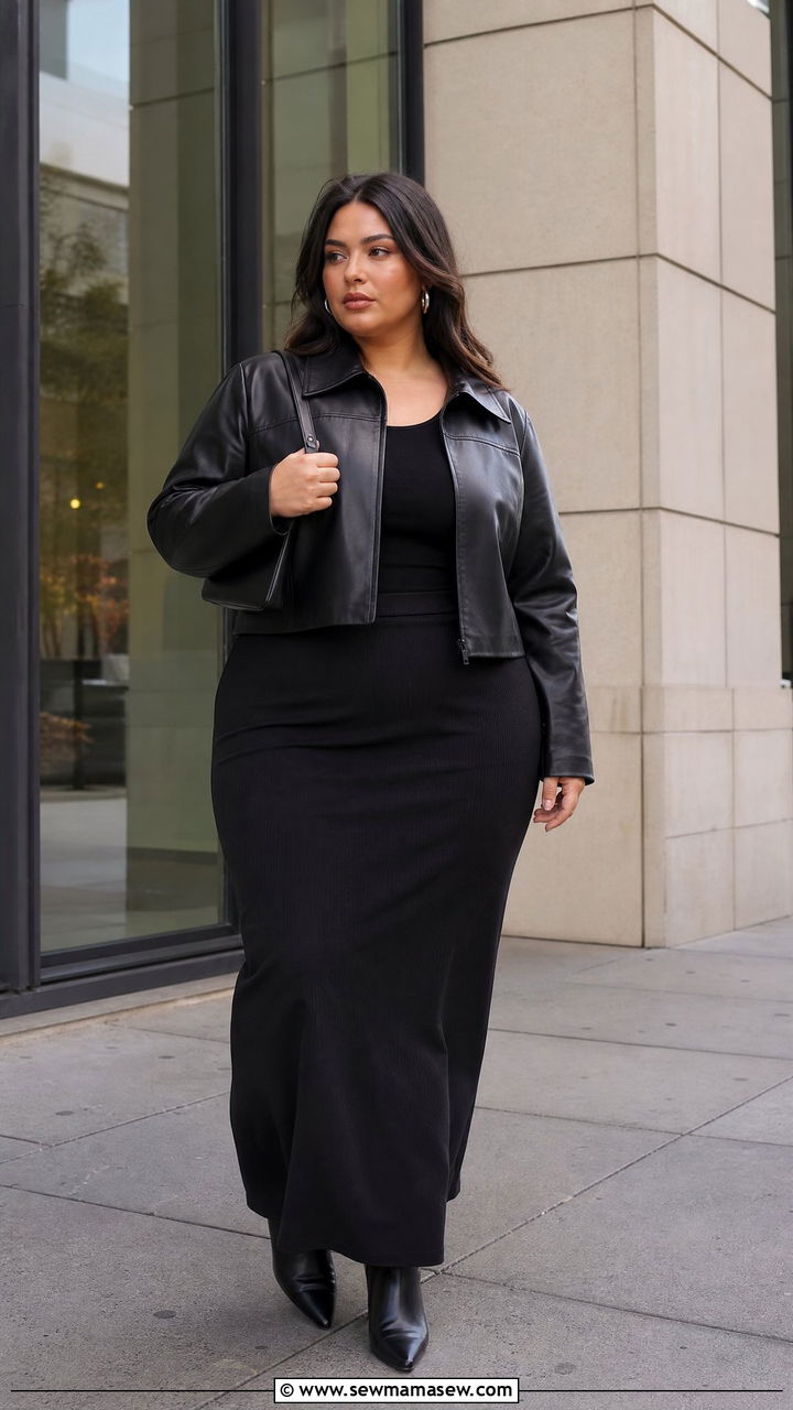Plus Size Cropped Leather Jacket With Black Maxi Skirt - 20 plus size cropped jacket outfit ideas