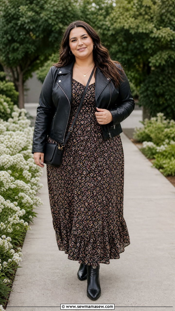 Plus Size Cropped Leather Jacket With Maxi Dress - 20 plus size leather jacket outfit ideas