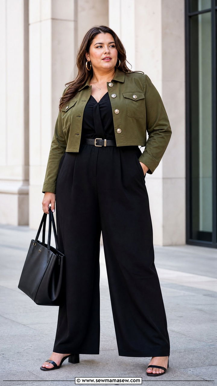 Plus Size Cropped Military Jacket With Black Jumpsuit - 20 plus size cropped jacket outfit ideas