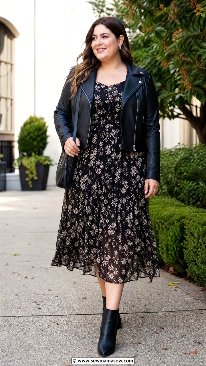 Plus Size Cropped Moto Jacket With Floral Dress - 20 plus size cropped jacket outfit ideas