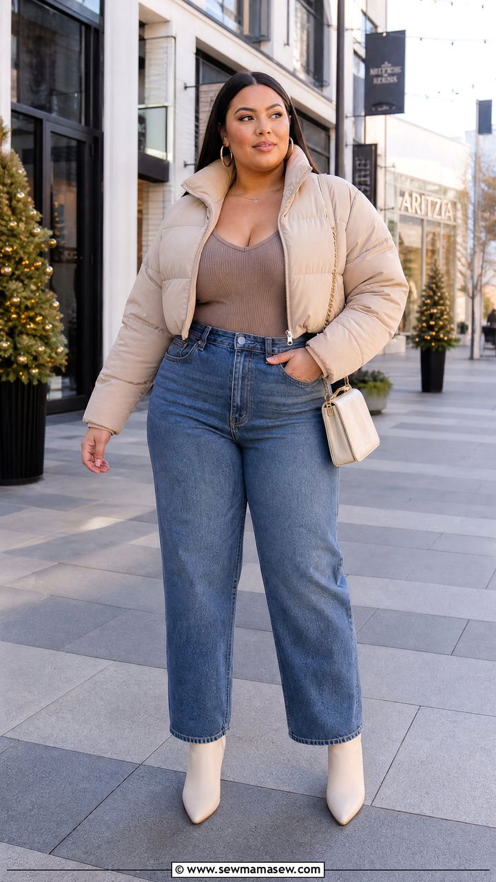 Plus Size Cropped Puffer Jacket With High Waisted Jeans - 20 plus size puffer jacket outfit ideas