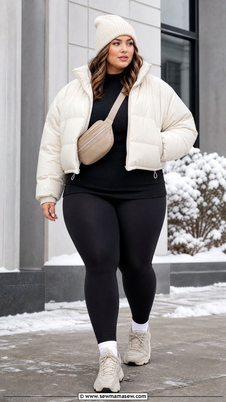 Plus Size Cropped Puffer Jacket With Leggings - 20 plus size cropped jacket outfit ideas