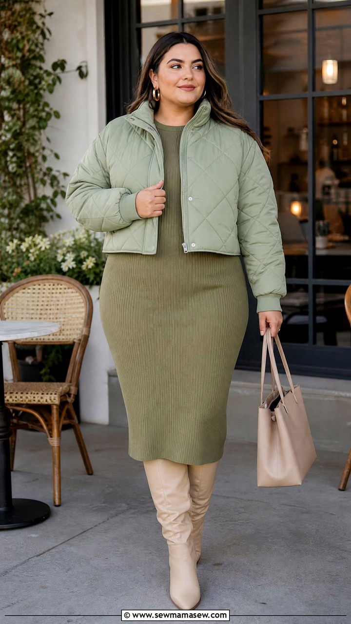 Plus Size Cropped Quilted Jacket With Knit Dress - 20 plus size cropped jacket outfit ideas