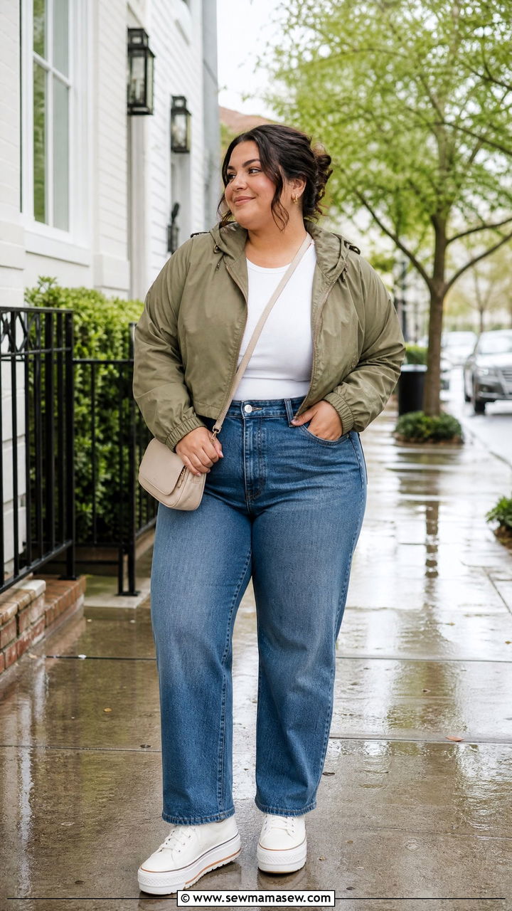 Plus Size Cropped Rain Jacket With High Waist Jeans - 20 plus size raincoat outfit ideas