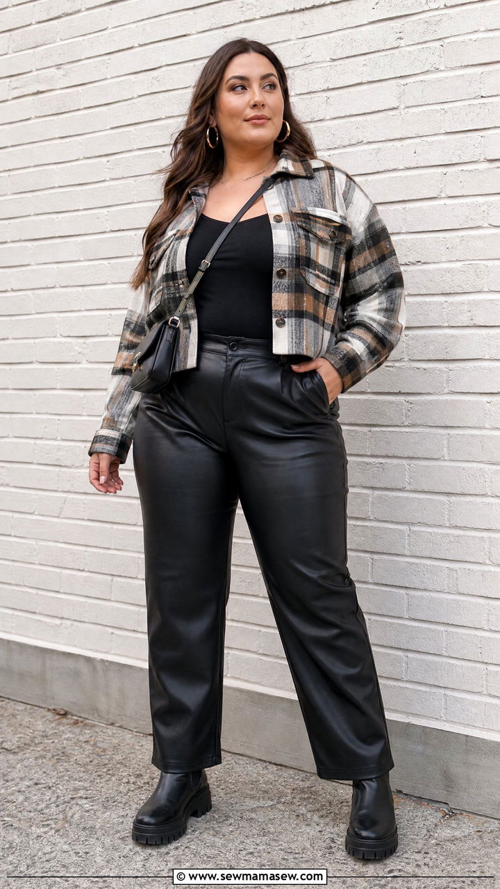 Plus Size Cropped Shacket With Faux Leather Pants - 20 plus size cropped jacket outfit ideas