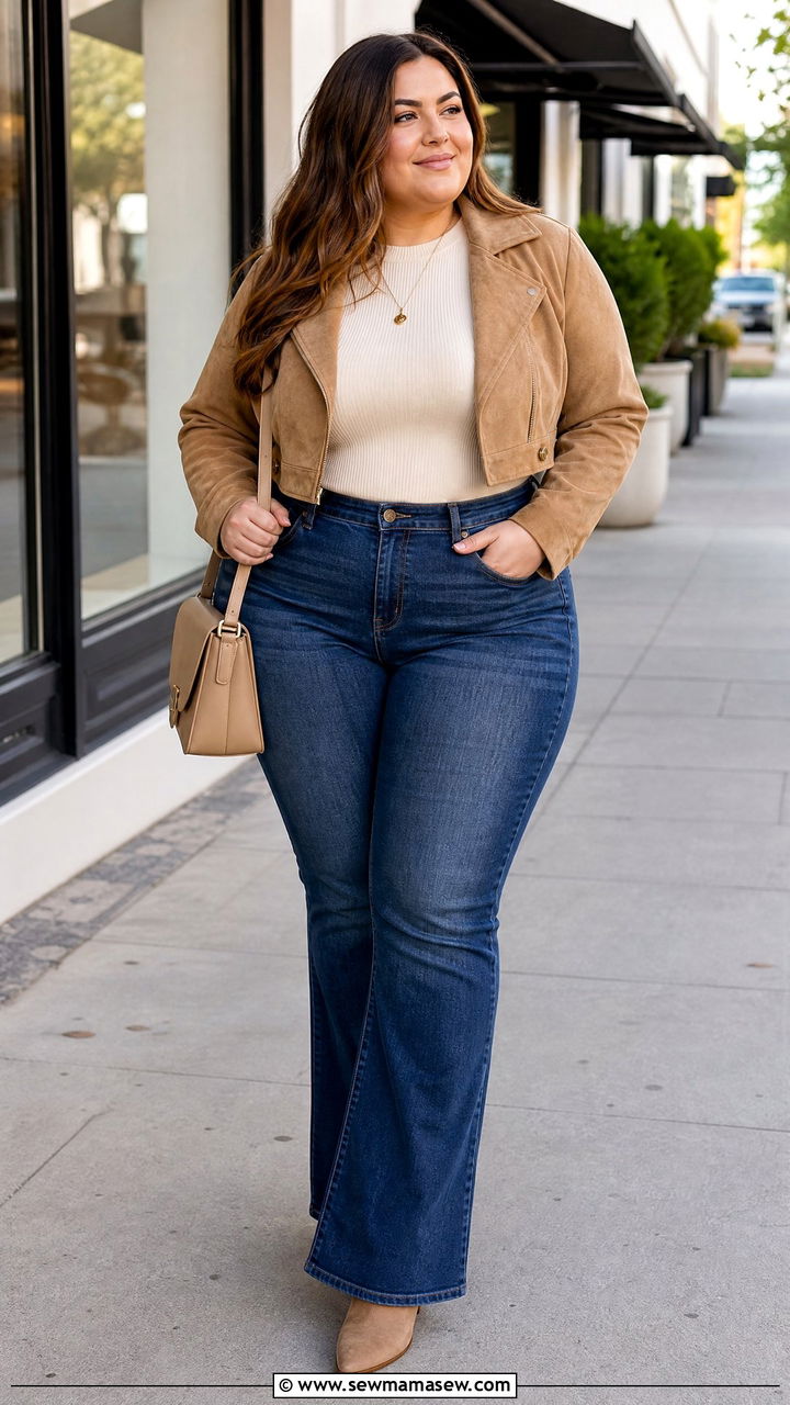 Plus Size Cropped Suede Jacket With Flare Jeans - 20 plus size cropped jacket outfit ideas