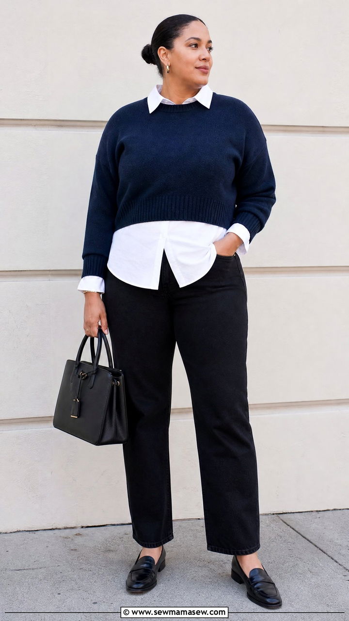 Plus Size Cropped Sweater Over A Button Down Shirt - 20 plus size cropped sweater outfit ideas