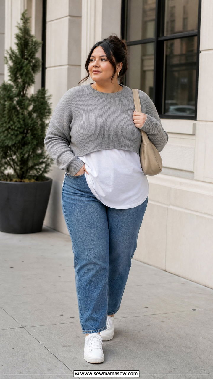 Plus Size Cropped Sweater Over Longer Tee Outfit - 20 plus size layered top outfit ideas