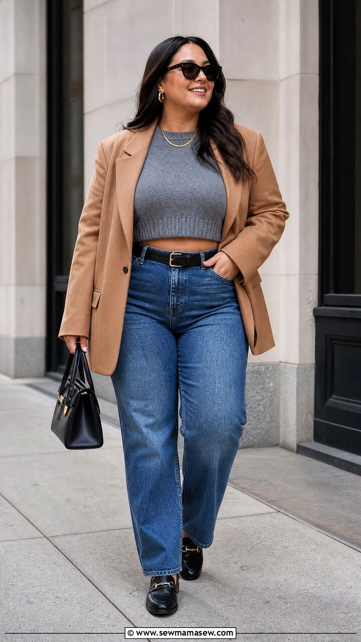 Plus Size Cropped Sweater With A Blazer And Jeans - 20 plus size cropped sweater outfit ideas