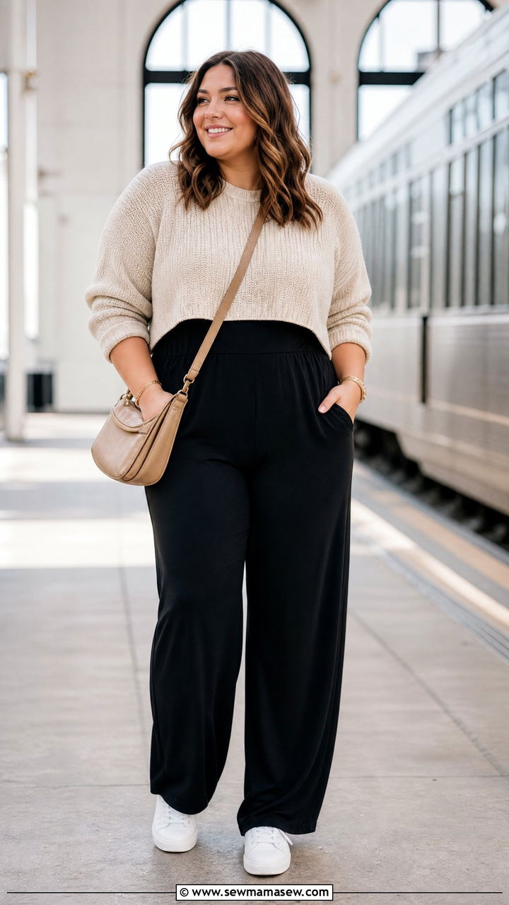 Plus Size Cropped Sweater With A Jumpsuit - 20 plus size cropped sweater outfit ideas