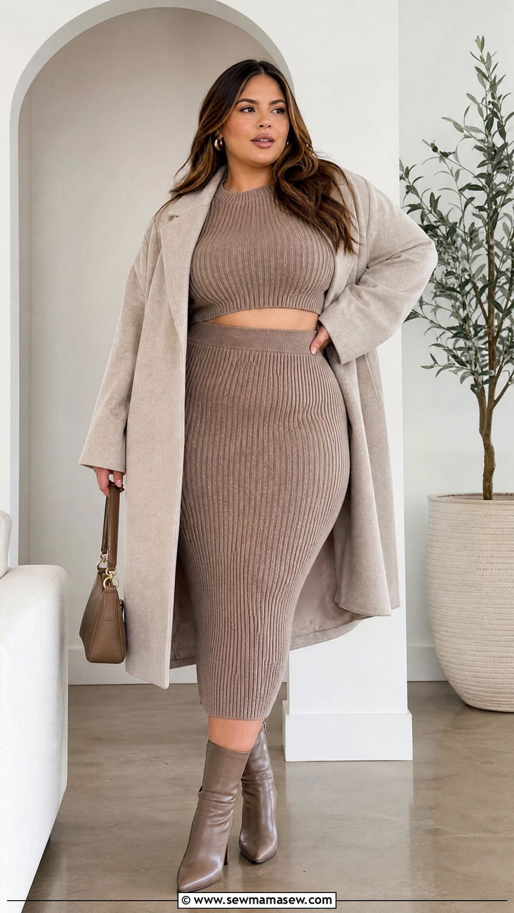 Plus Size Cropped Sweater With A Matching Knit Skirt - 20 plus size cropped sweater outfit ideas