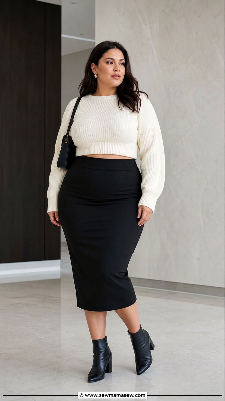 Plus Size Cropped Sweater With A Pencil Skirt - 20 plus size cropped sweater outfit ideas