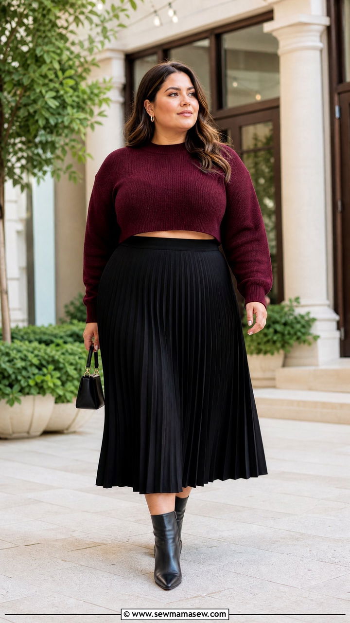 Plus Size Cropped Sweater With A Pleated Midi Skirt - 20 plus size cropped sweater outfit ideas