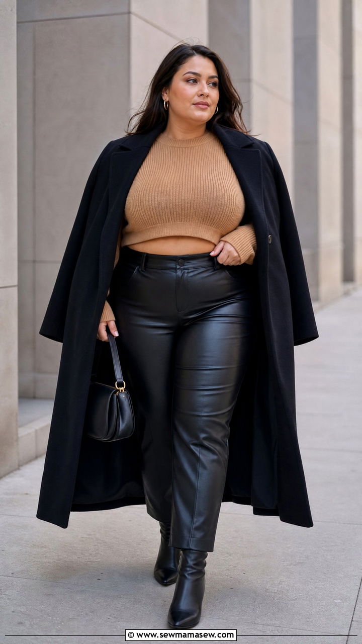 Plus Size Cropped Sweater With Faux Leather Pants - 20 plus size cropped sweater outfit ideas