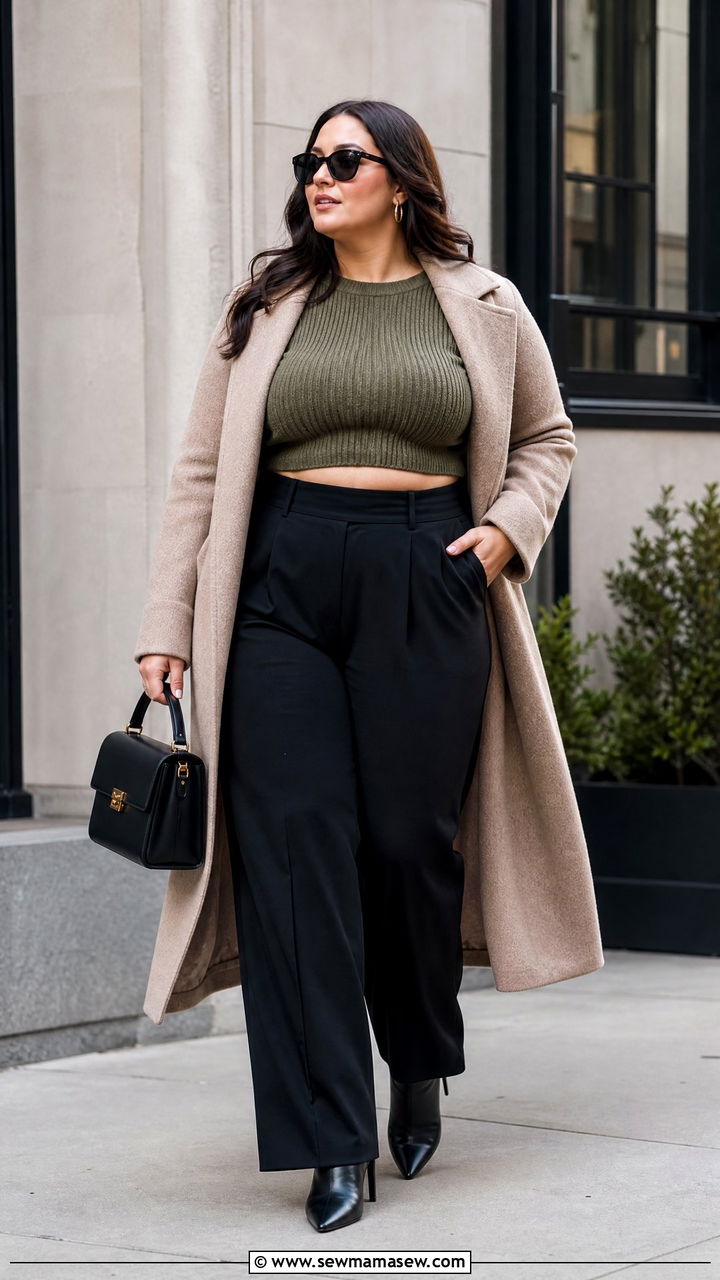 Plus Size Cropped Sweater With High Waist Pants - 20 plus size fall sweater outfit ideas