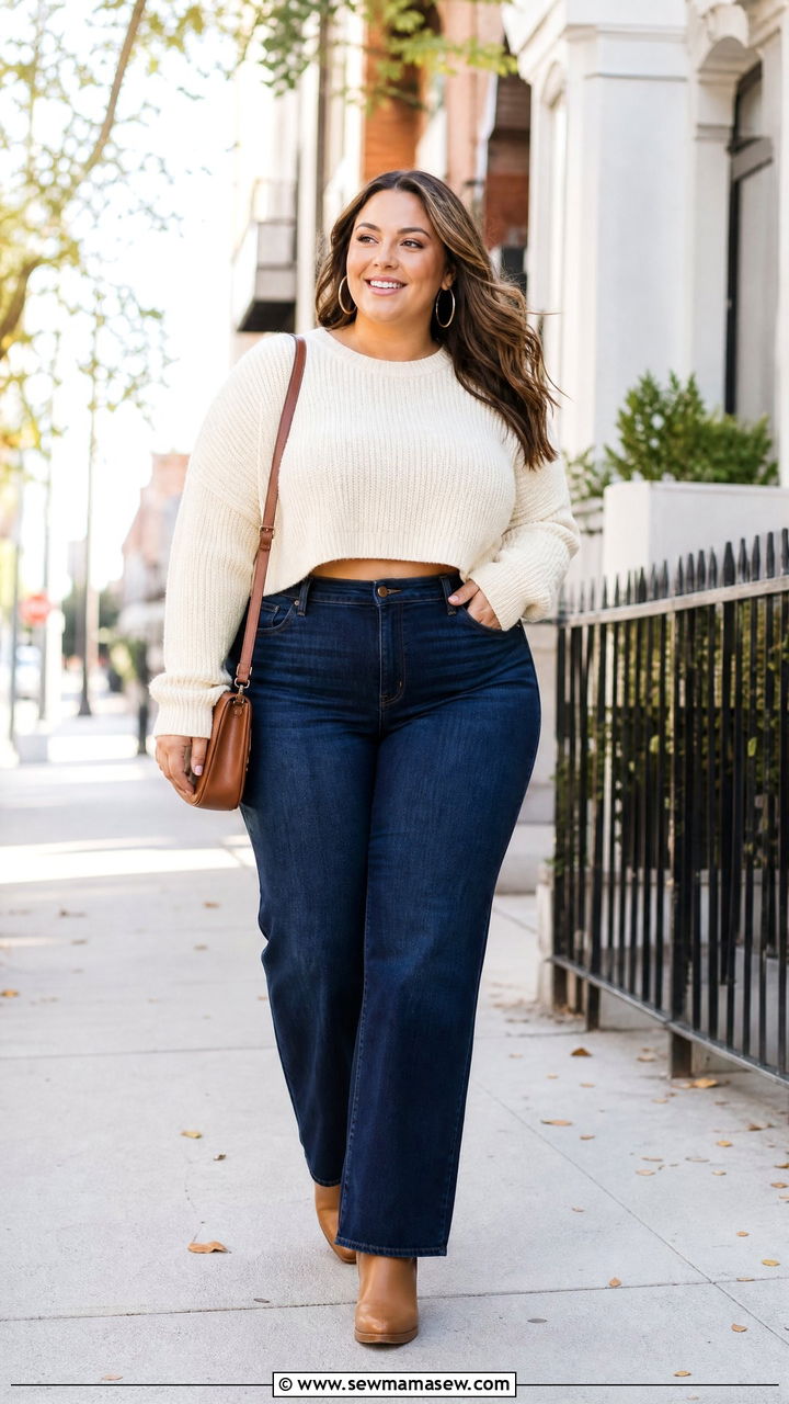 Plus Size Cropped Sweater With High Waisted Jeans - 20 plus size cropped sweater outfit ideas