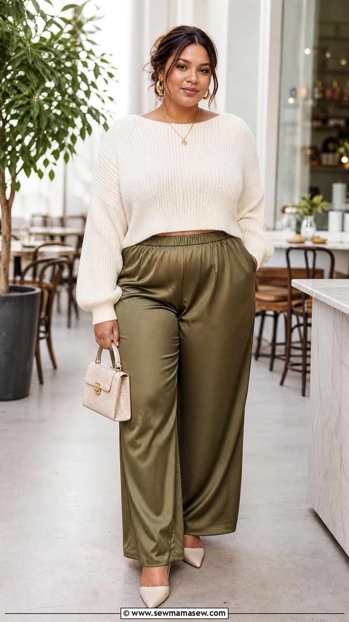 Plus Size Cropped Sweater With Satin Pants - 20 plus size cropped sweater outfit ideas