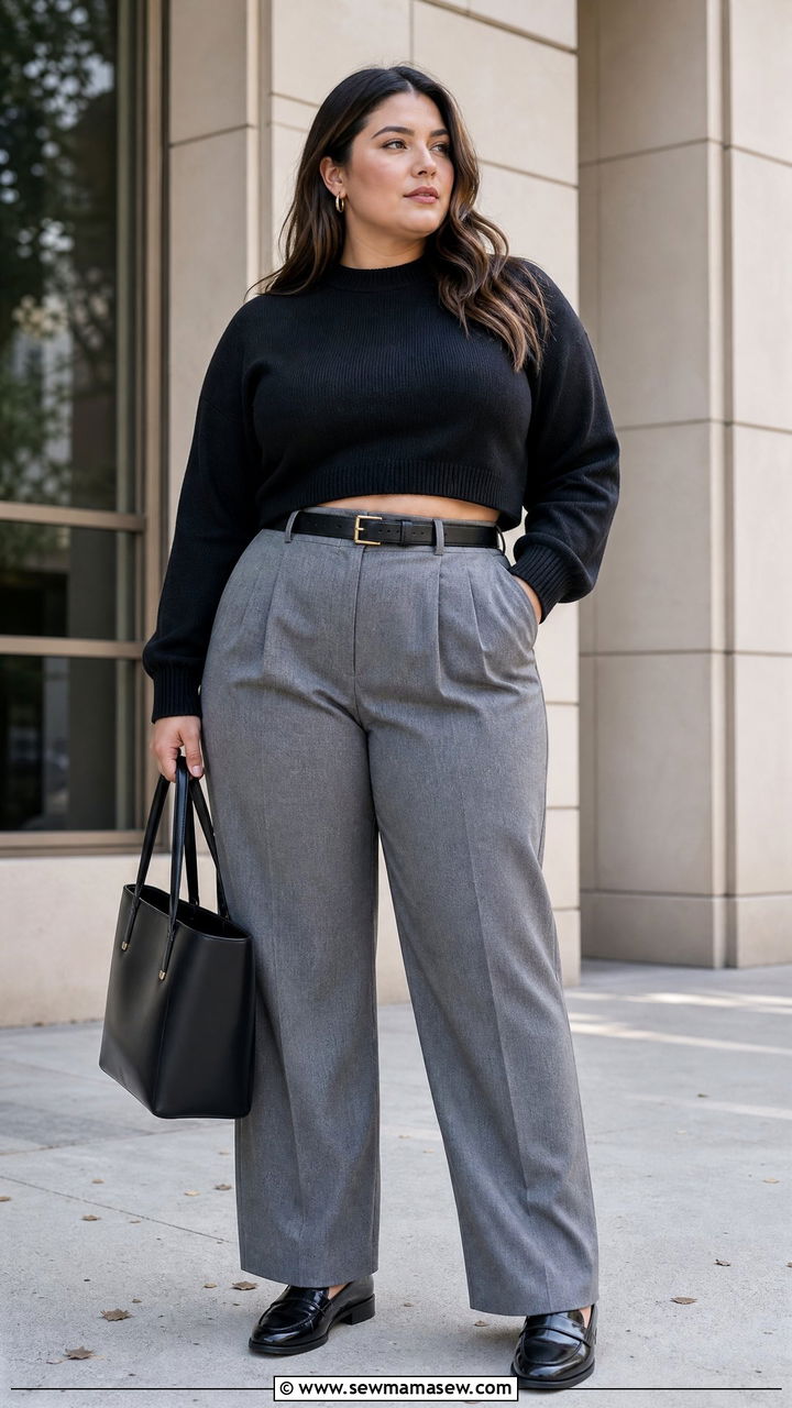 Plus Size Cropped Sweater With Tailored Trousers - 20 plus size cropped sweater outfit ideas
