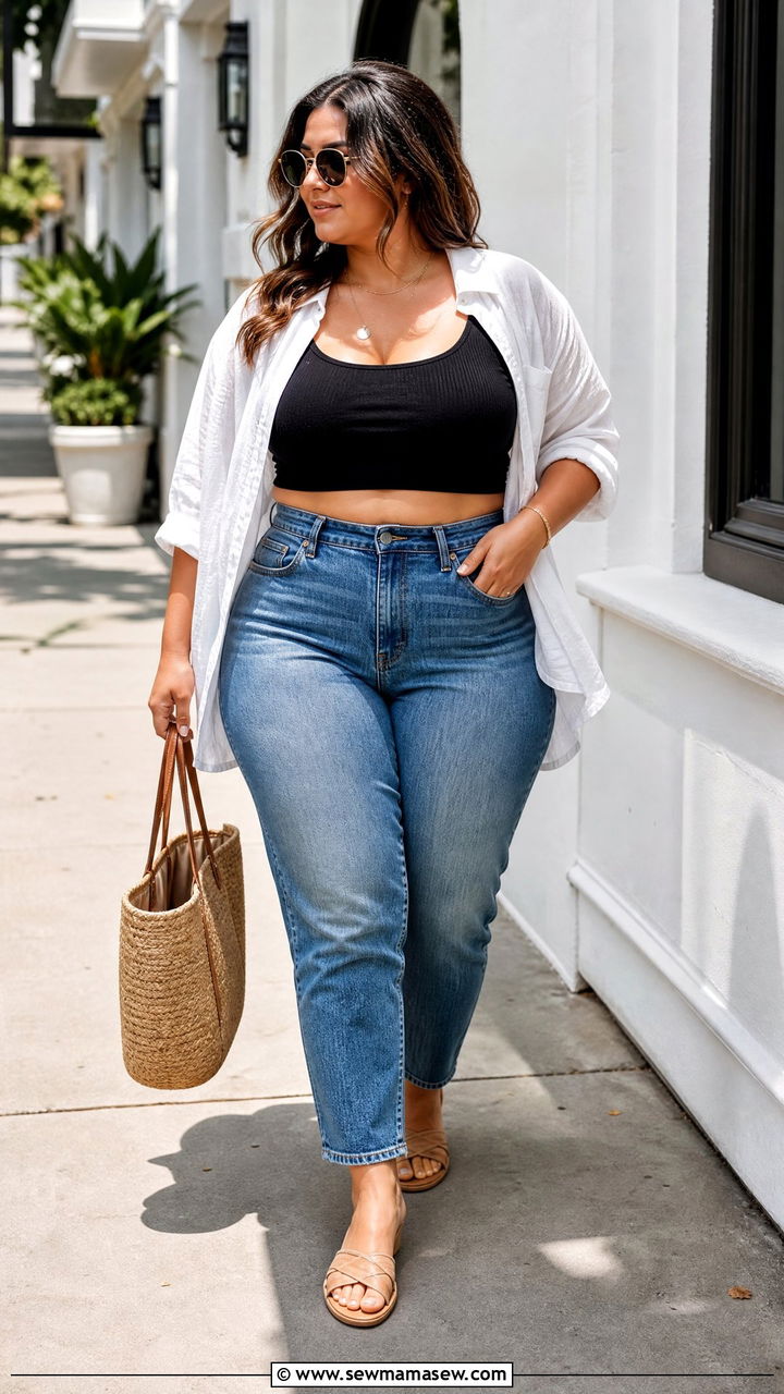 Plus Size Cropped Tank Top With Button Down Shirt - 20 plus size cropped tank top outfit ideas