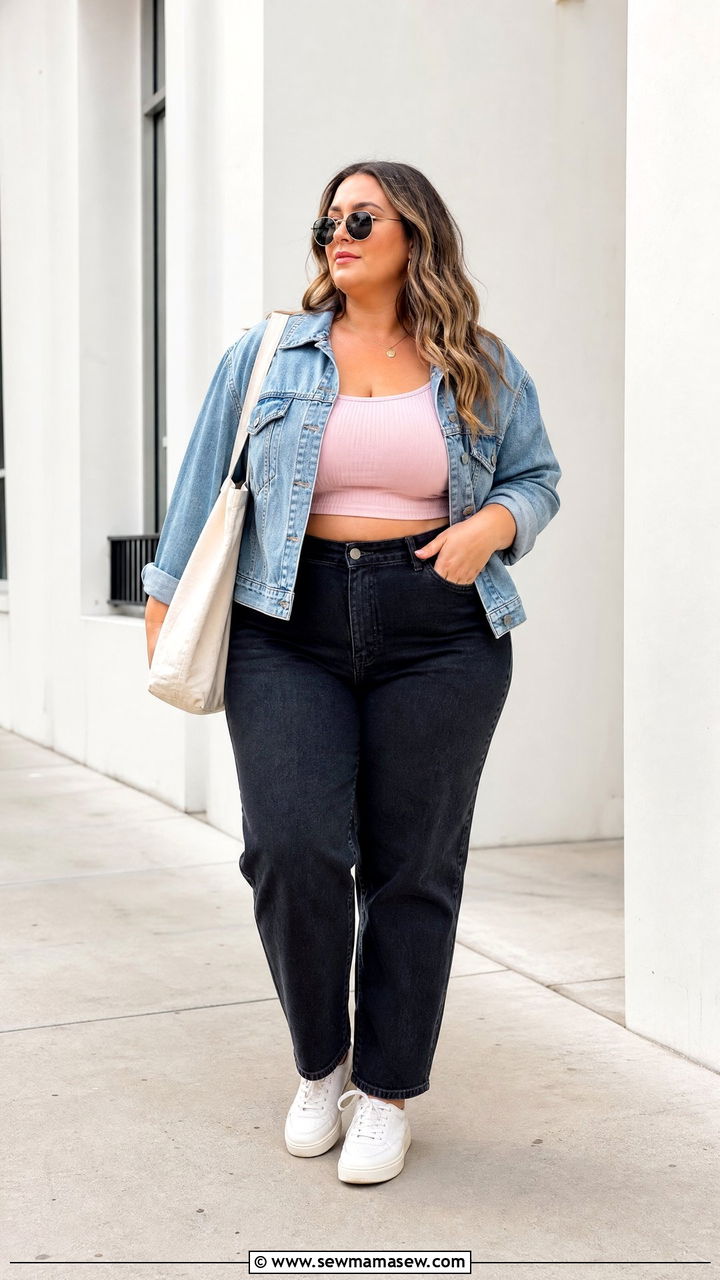 Plus Size Cropped Tank Top With Denim Jacket - 20 plus size cropped tank top outfit ideas