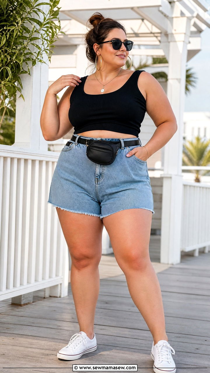 Plus Size Cropped Tank Top With Denim Shorts - 20 plus size cropped tank top outfit ideas