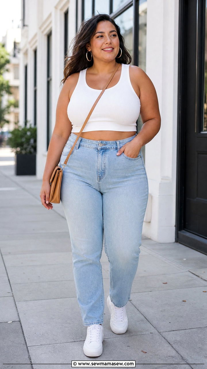 Plus Size Cropped Tank Top With High Waisted Jeans - 20 plus size cropped tank top outfit ideas