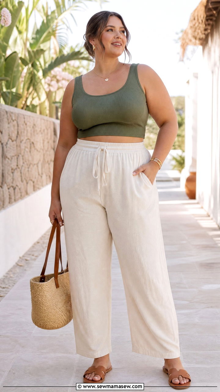 Plus Size Cropped Tank Top With Linen Pants - 20 plus size cropped tank top outfit ideas