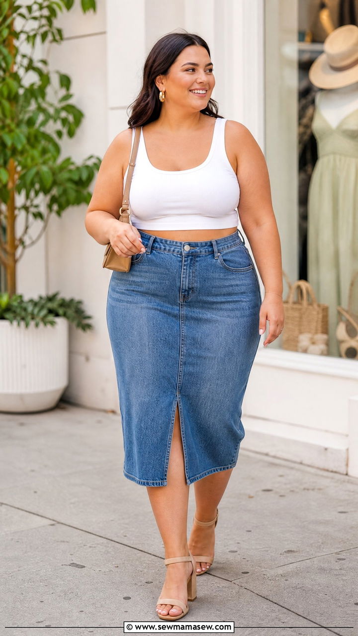 Plus Size Cropped Tank Top With Midi Skirt - 20 plus size cropped tank top outfit ideas