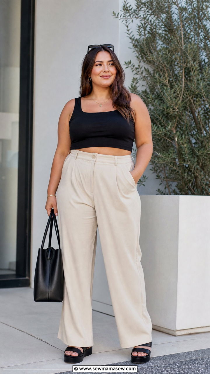 Plus Size Cropped Tank Top With Wide Leg Pants - 20 plus size cropped tank top outfit ideas