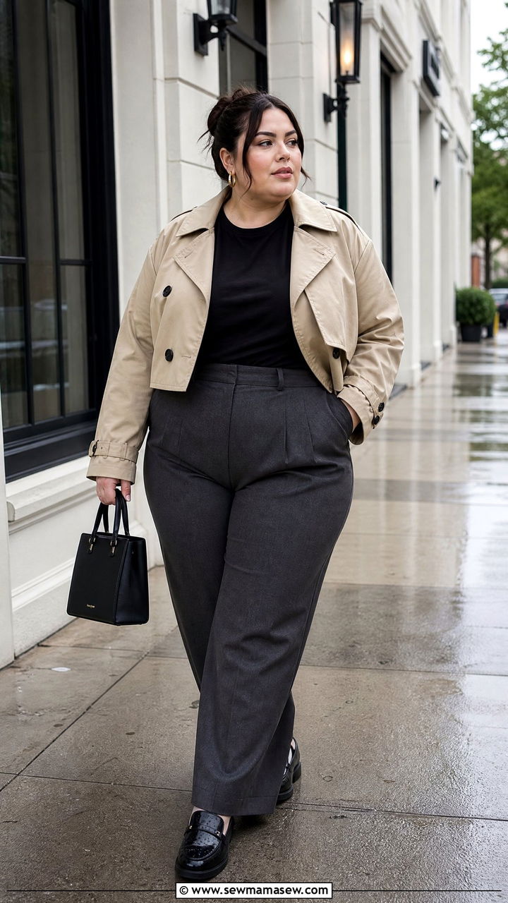 Plus Size Cropped Trench And Trousers Outfit - 20 plus size rainy day outfit ideas