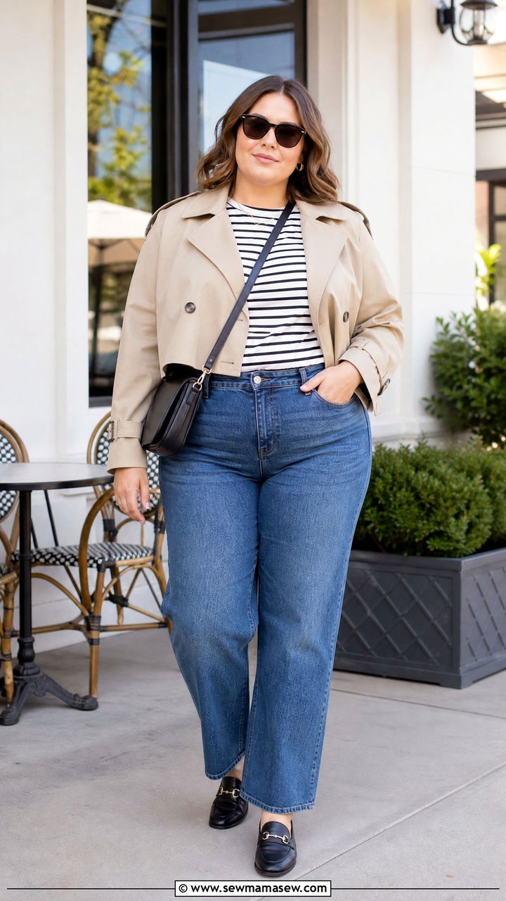 Plus Size Cropped Trench Jacket With Straight Leg Jeans - 20 plus size cropped jacket outfit ideas